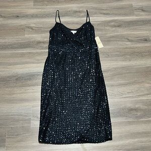 Nanette Lepore 12 Dress Navy Blue Sequin Midi Shift V Neck Cocktail Party NWT